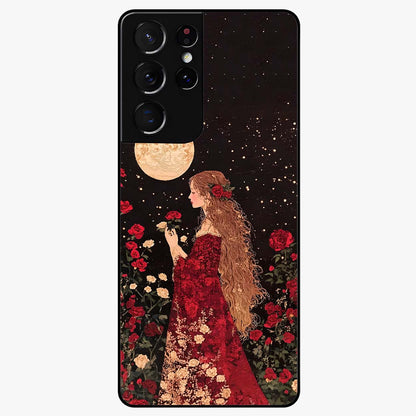 Crimson Dreams Glass Case showing flat back view with dreamy crimson artwork and glossy glass finish.