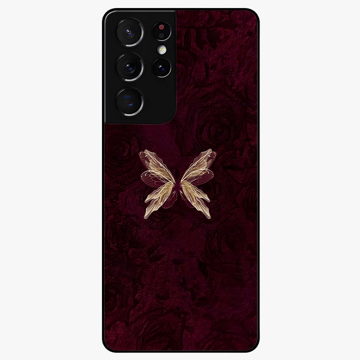 Crimson Fade Butterfly Glass Case showing flat back view with fading butterfly artwork and glossy glass finish.