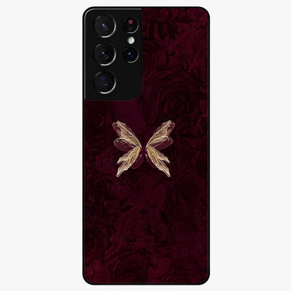 Crimson Fade Butterfly Glass Case showing flat back view with fading butterfly artwork and glossy glass finish.