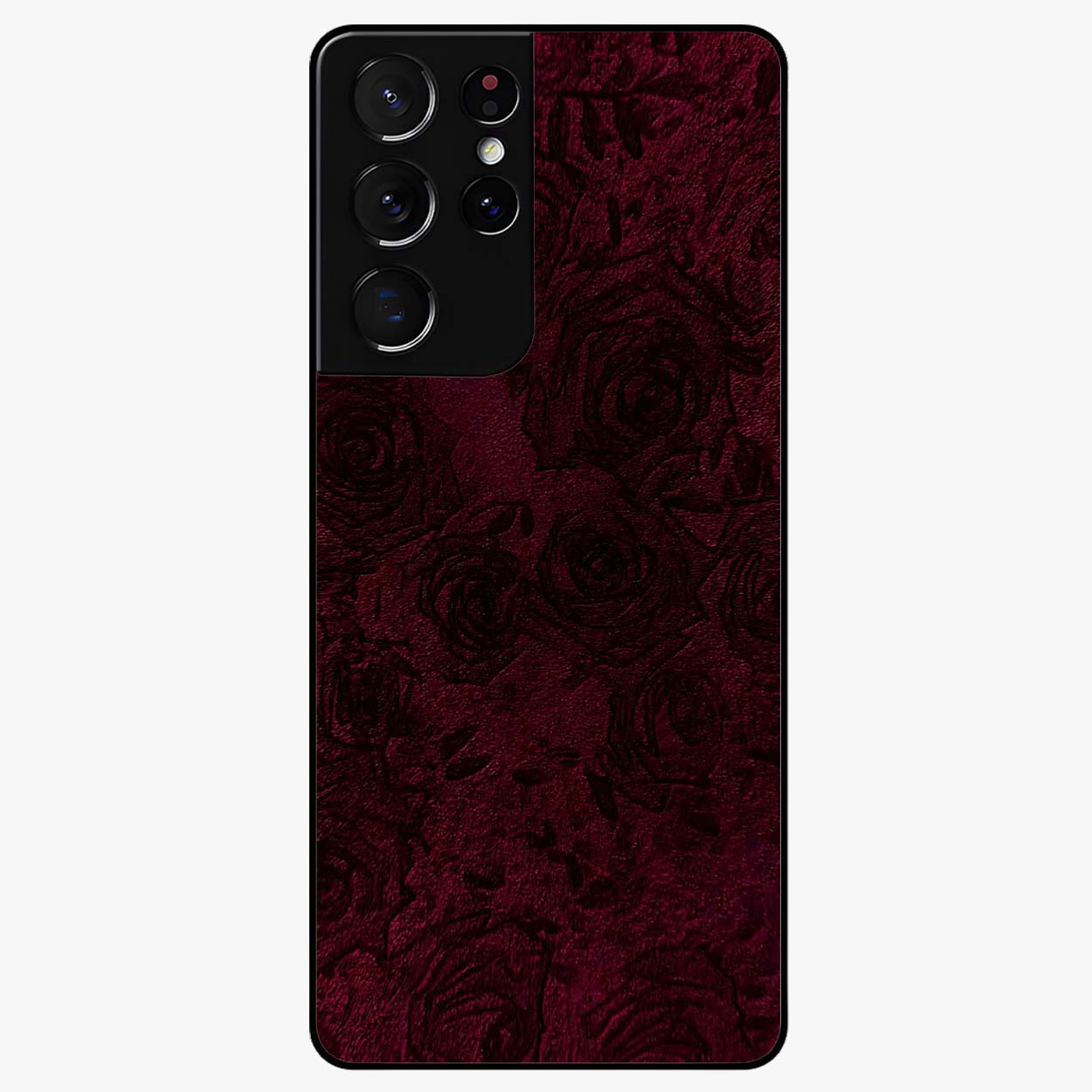 Crimson Fade Flow Glass Case showing flat back view with flowing crimson gradient artwork and glossy glass finish.