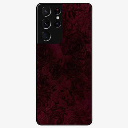 Crimson Fade Flow Glass Case showing flat back view with flowing crimson gradient artwork and glossy glass finish.