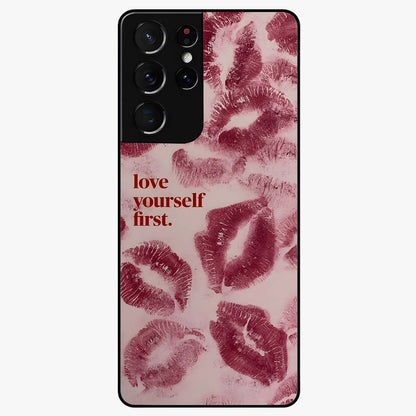 Crimson Kiss Love Glass Case showing flat back view with romantic crimson themed artwork and glossy glass finish.