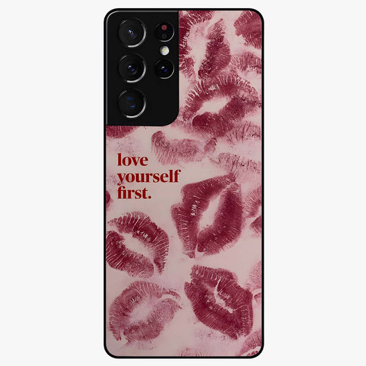 Crimson Kiss Love Glass Case showing flat back view with romantic crimson themed artwork and glossy glass finish.