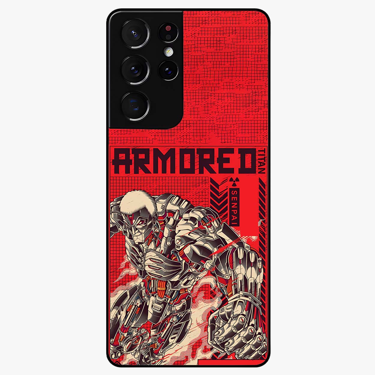 Crimson Mecha Titan Glass Case showing flat back view with powerful mech titan artwork and glossy glass finish.