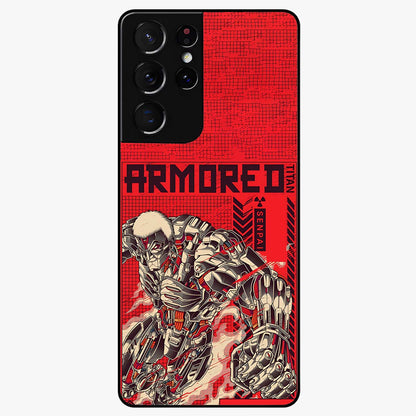Crimson Mecha Titan Glass Case showing flat back view with powerful mech titan artwork and glossy glass finish.
