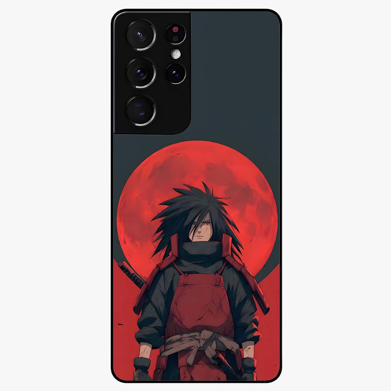 Crimson Moon Warlord Glass Case showing flat back view with mystical moon warrior artwork and glossy glass finish.