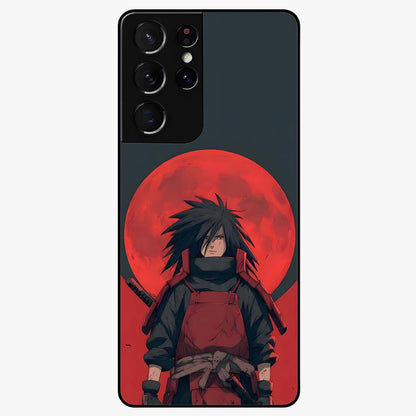 Crimson Moon Warlord Glass Case showing flat back view with mystical moon warrior artwork and glossy glass finish.