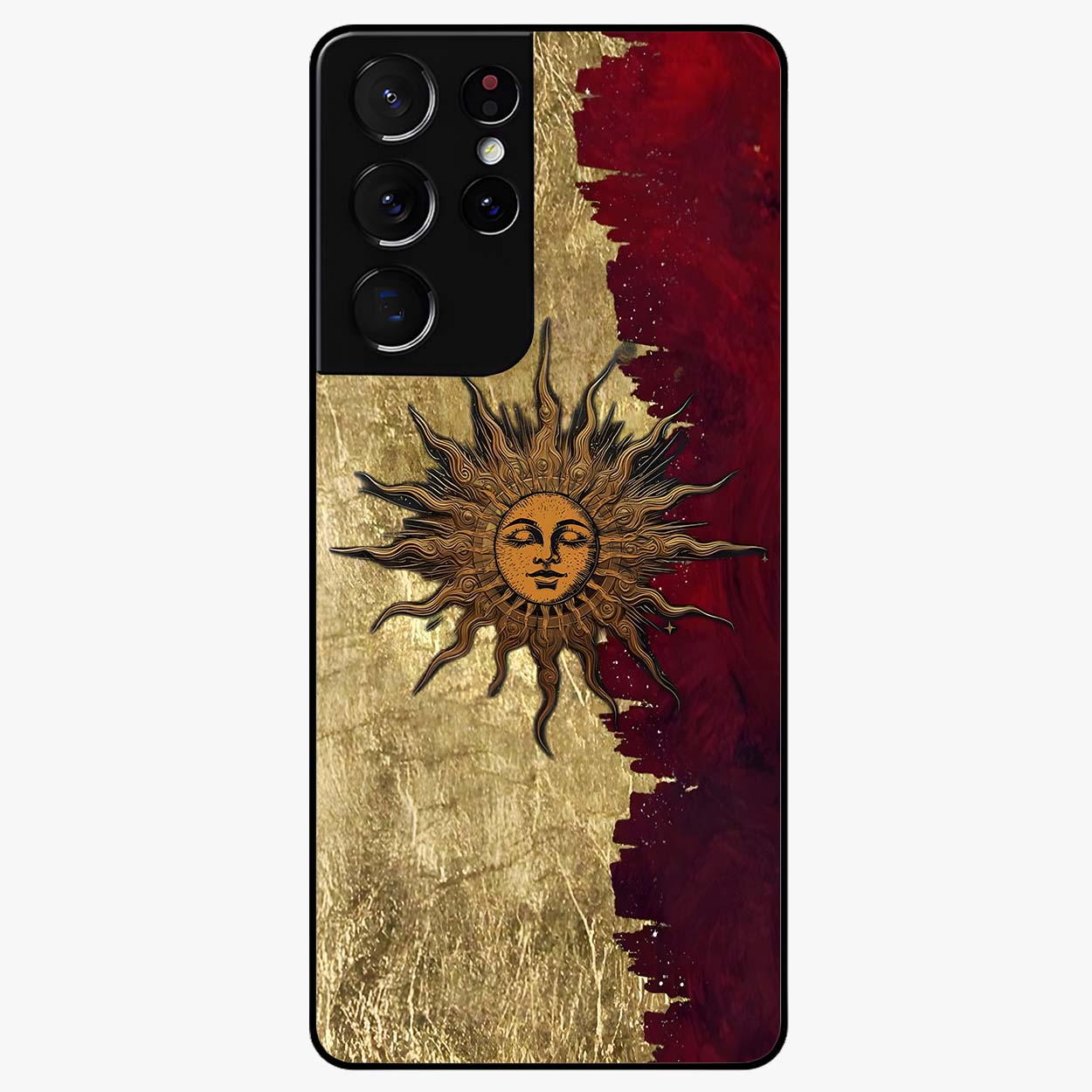 Crimson Sun Majesty Glass Case showing flat back view with radiant sun inspired artwork and glossy glass finish.