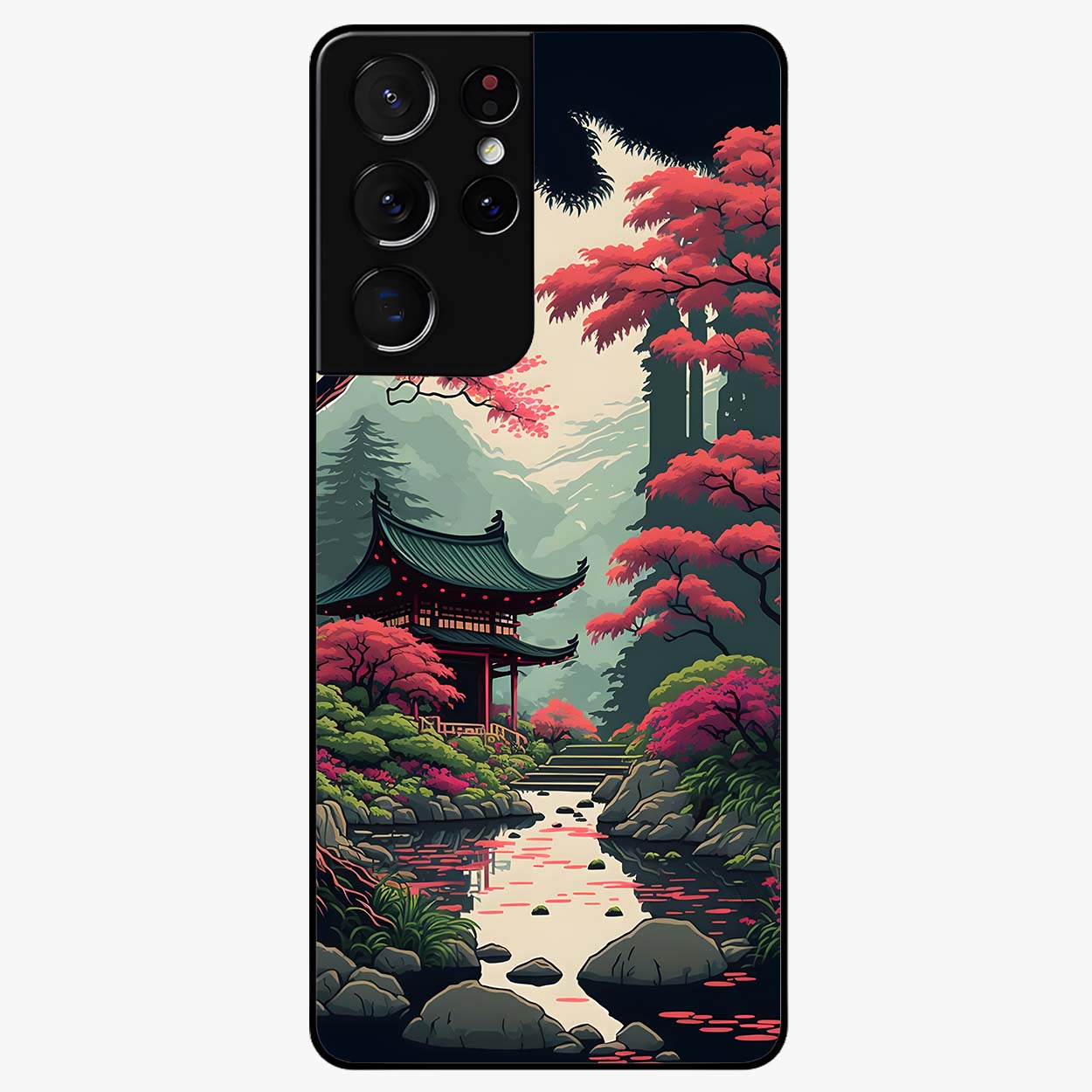 Crimson Temple View Glass Case showing flat back view with temple inspired artwork and glossy glass finish.