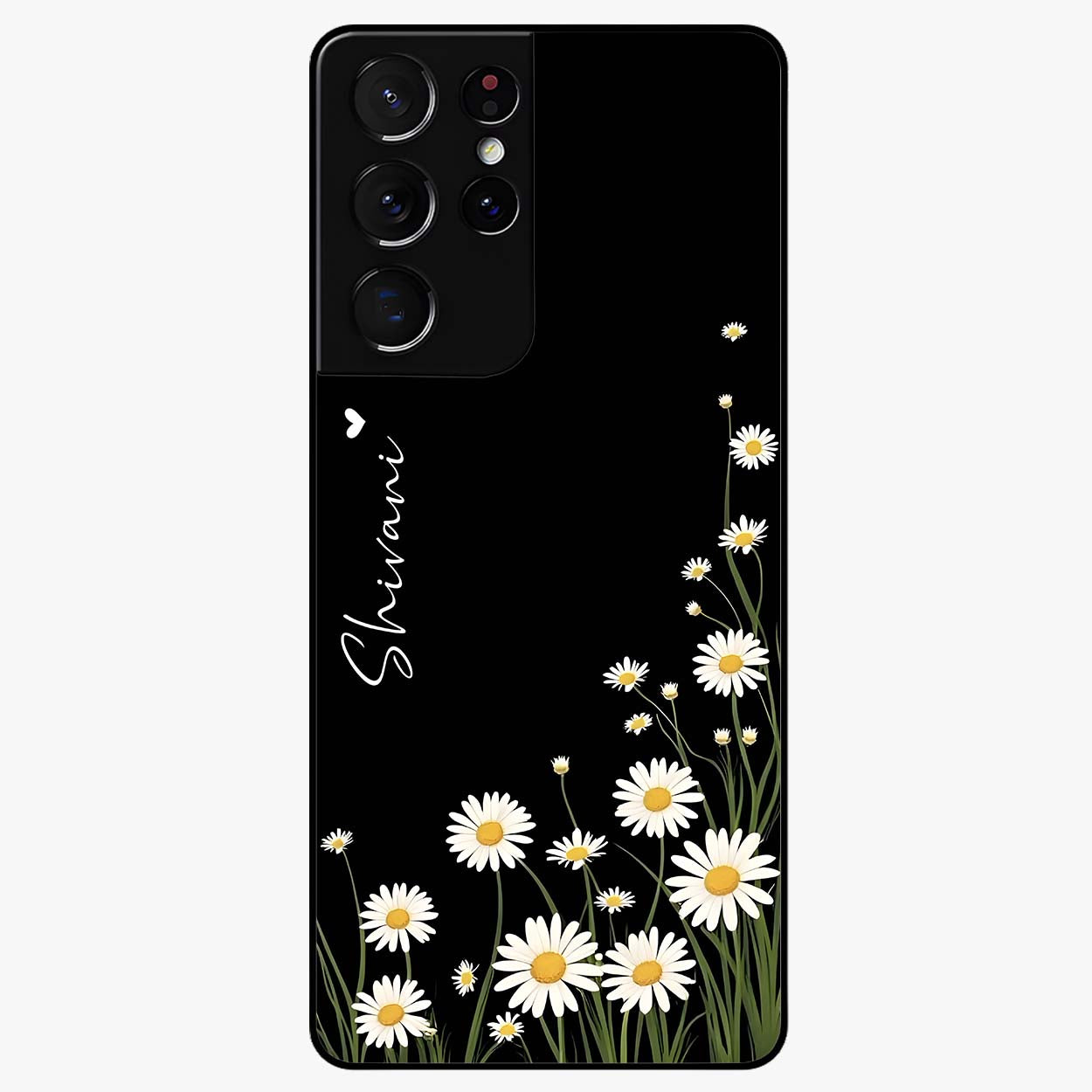 Daisy Cascade Custom Name Glass Case showing flat back view with cascading daisy flowers and personalized name design.