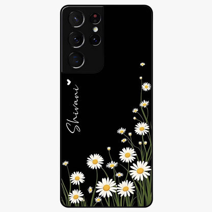 Daisy Cascade Custom Name Glass Case showing flat back view with cascading daisy flowers and personalized name design.