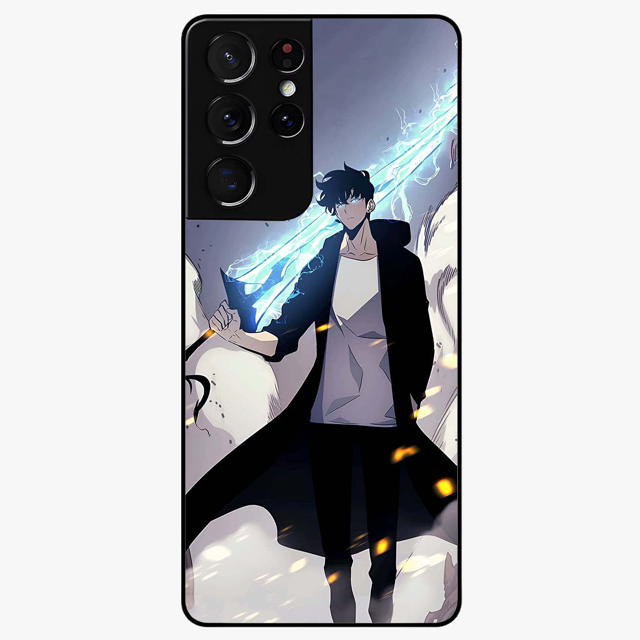 Dark Lightning Anime Warrior Glass Case showing flat back view with intense anime warrior artwork and glossy glass finish.