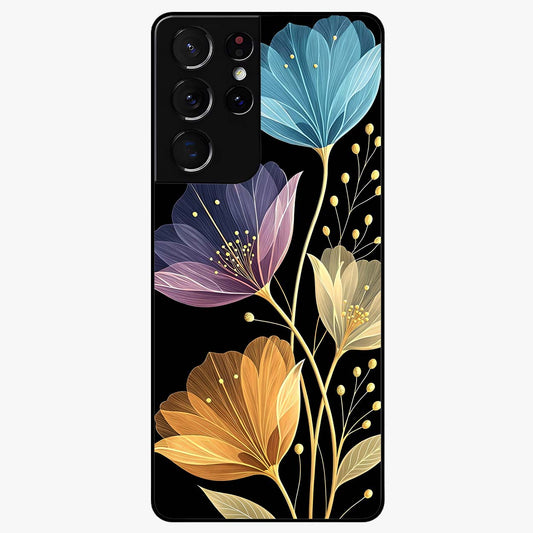 Delicate Multicolor Flowers Glass Case showing flat back view with vibrant floral artwork and glossy glass finish.