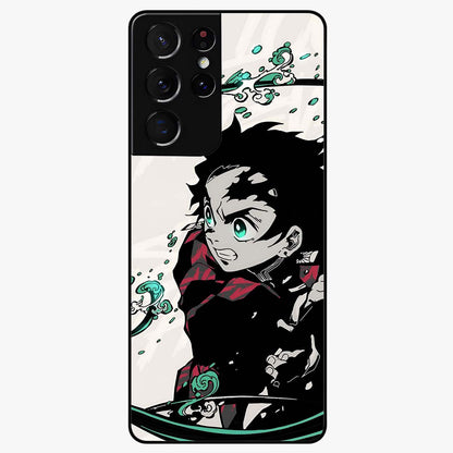 Demon Slayer Glass Case showing flat back view with bold anime inspired artwork and glossy glass finish.