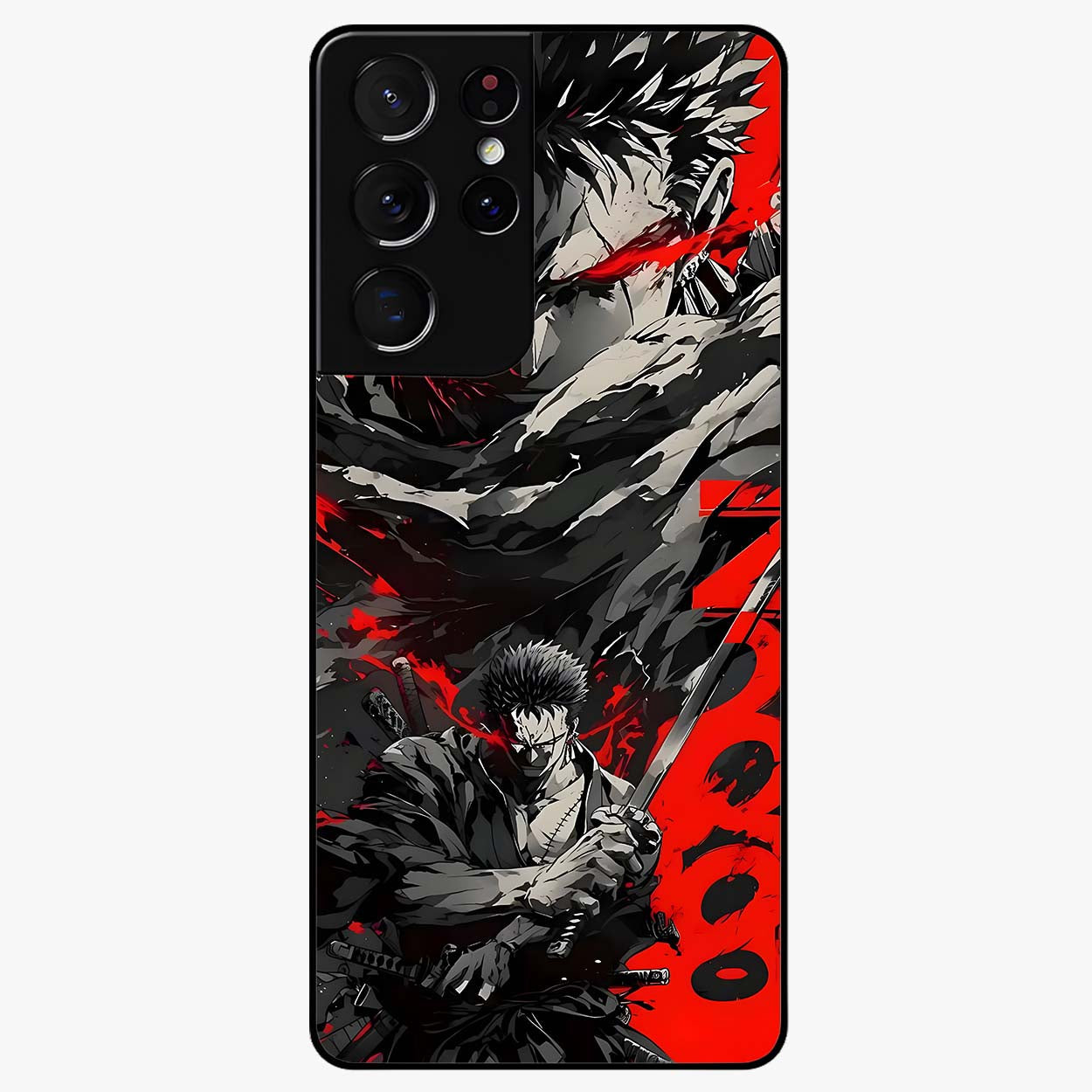 Demon Sword Resolve Glass Case showing flat back view with fierce sword warrior artwork and glossy glass finish.
