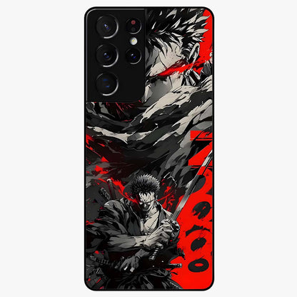 Demon Sword Resolve Glass Case showing flat back view with fierce sword warrior artwork and glossy glass finish.
