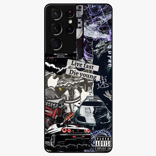Die Young Glass Case showing flat back view with bold artistic typography design and glossy glass finish.