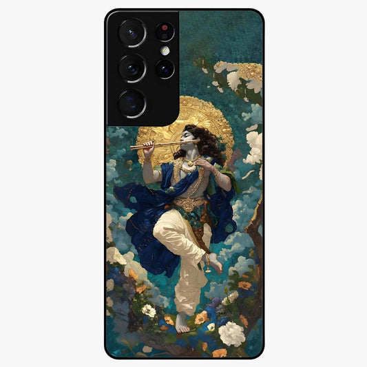 Divine Krishna Art Glass Case showing flat back view with Lord Krishna artwork and glossy glass finish.