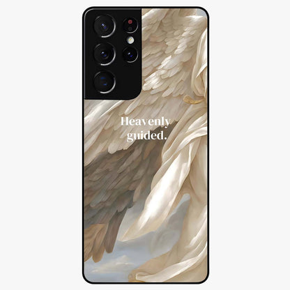 Divine Winged Grace Glass Case showing flat back view with elegant wing inspired artwork and glossy glass finish.