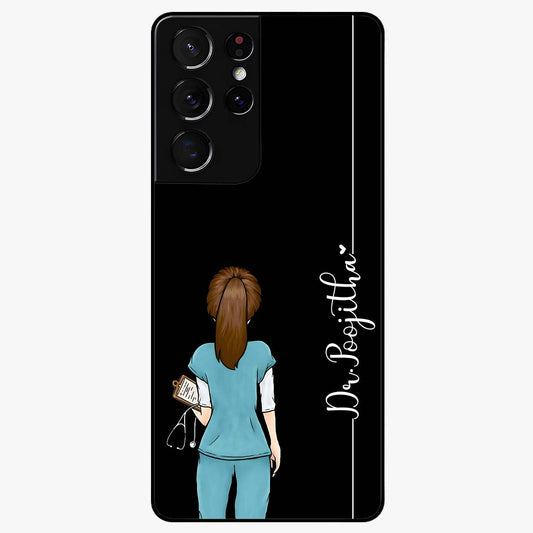 Doctor Pattern Custom Name Glass Case showing flat back view with medical themed pattern and personalized name design.