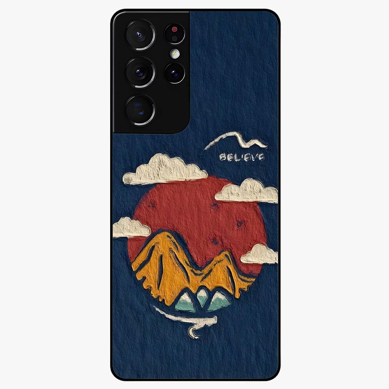 Dream Beyond Mountains Glass Case showing flat back view with scenic mountain landscape artwork and glossy glass finish.