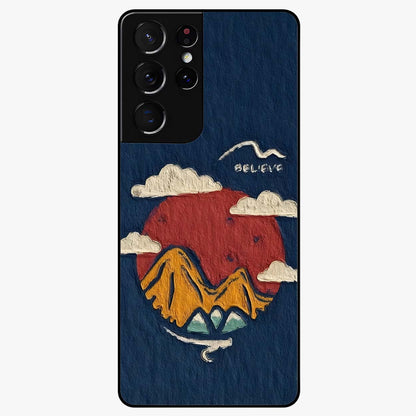 Dream Beyond Mountains Glass Case showing flat back view with scenic mountain landscape artwork and glossy glass finish.
