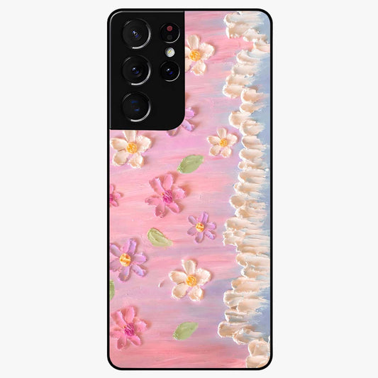 Dreamy Painted Garden Glass Case showing flat back view with artistic painted floral garden artwork and glossy glass finish.