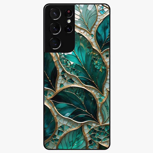 Emerald Leaf Glass Glass Case showing flat back view with emerald green leaf artwork and glossy glass finish.
