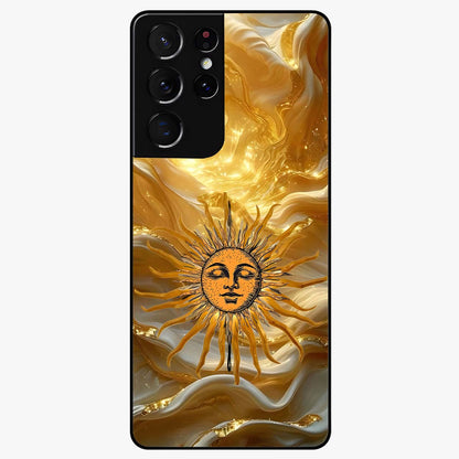 Eternal Golden Glow Glass Case showing flat back view with radiant golden themed artwork and glossy glass finish.