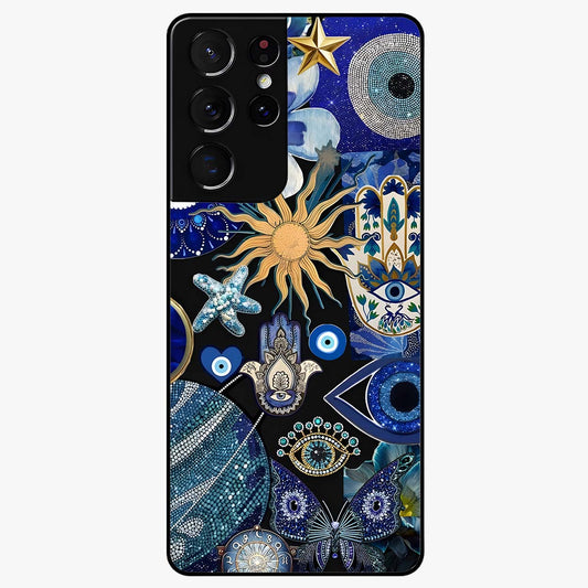 Evil Eye Charm Mix Glass Case showing flat back view with multiple evil eye charms artwork and glossy glass finish.