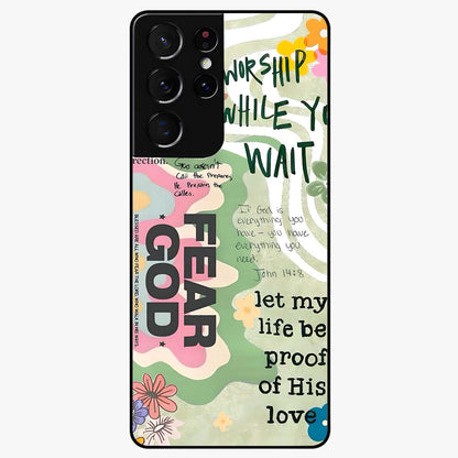 Faith Over Fear Glass Case showing flat back view with motivational typography artwork and glossy glass finish.