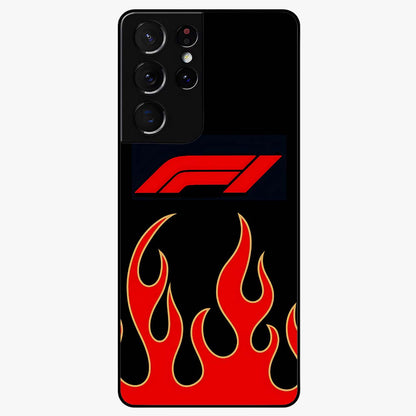 Fire F11 Glass Case showing flat back view with fiery themed artwork and glossy glass finish.