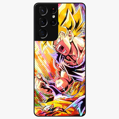 Firing Goku Glass Case showing flat back view with powerful anime inspired artwork and glossy glass finish.