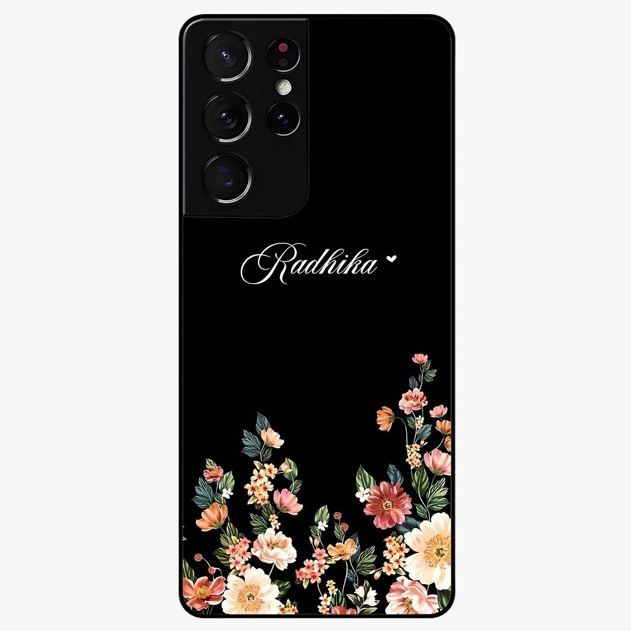 Floral Design With a Custom Personalized Name Glass Case showing flat back view with floral artwork and personalized name design.