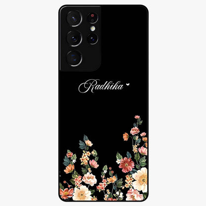 Floral Design With a Custom Personalized Name Glass Case showing flat back view with floral artwork and personalized name design.