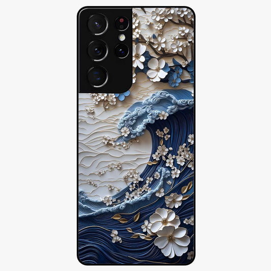 Floral Wave Origami Glass Case showing flat back view with origami inspired floral wave artwork and glossy glass finish.