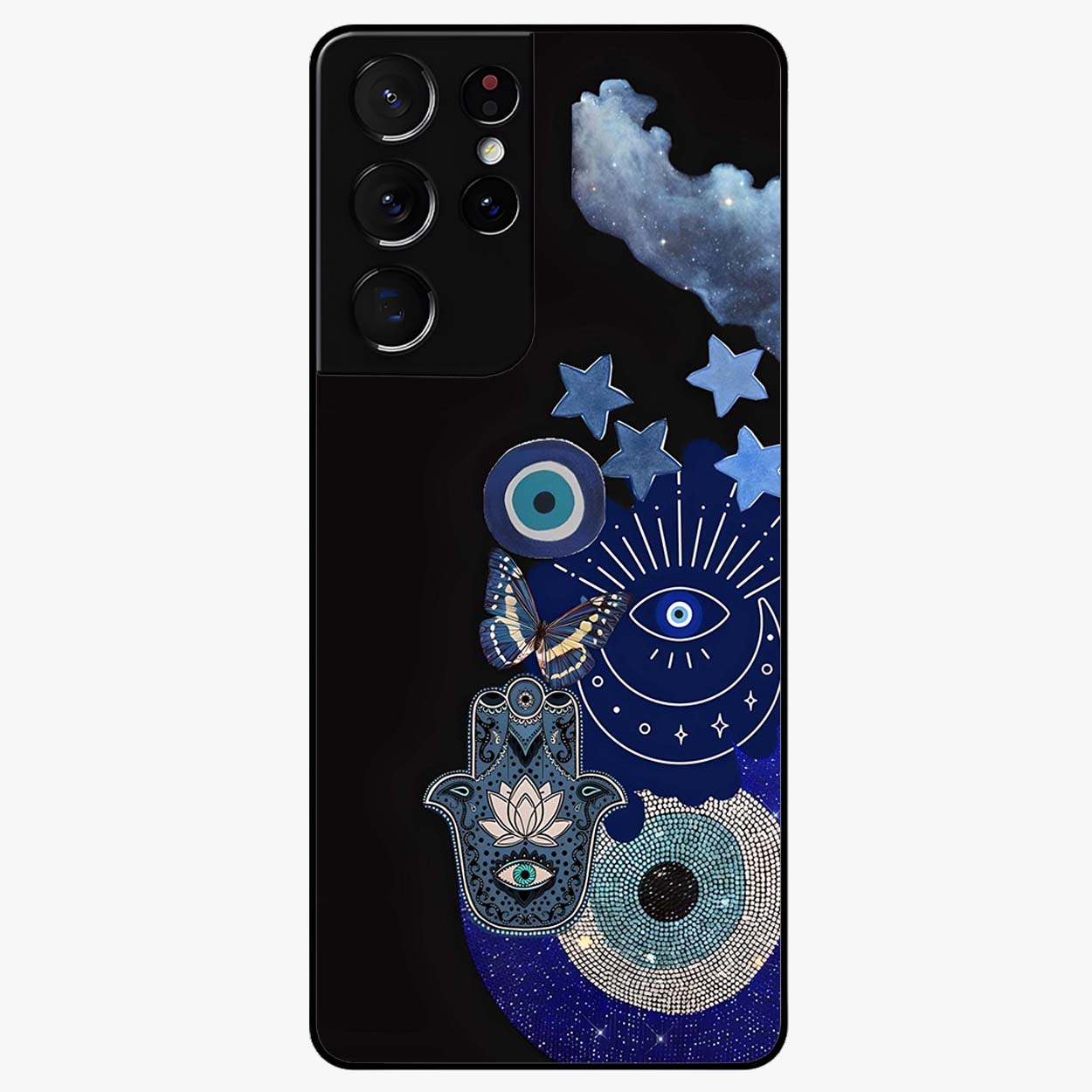 Galactic Charm Cluster Glass Case showing flat back view with glowing celestial charm artwork and glossy glass finish.
