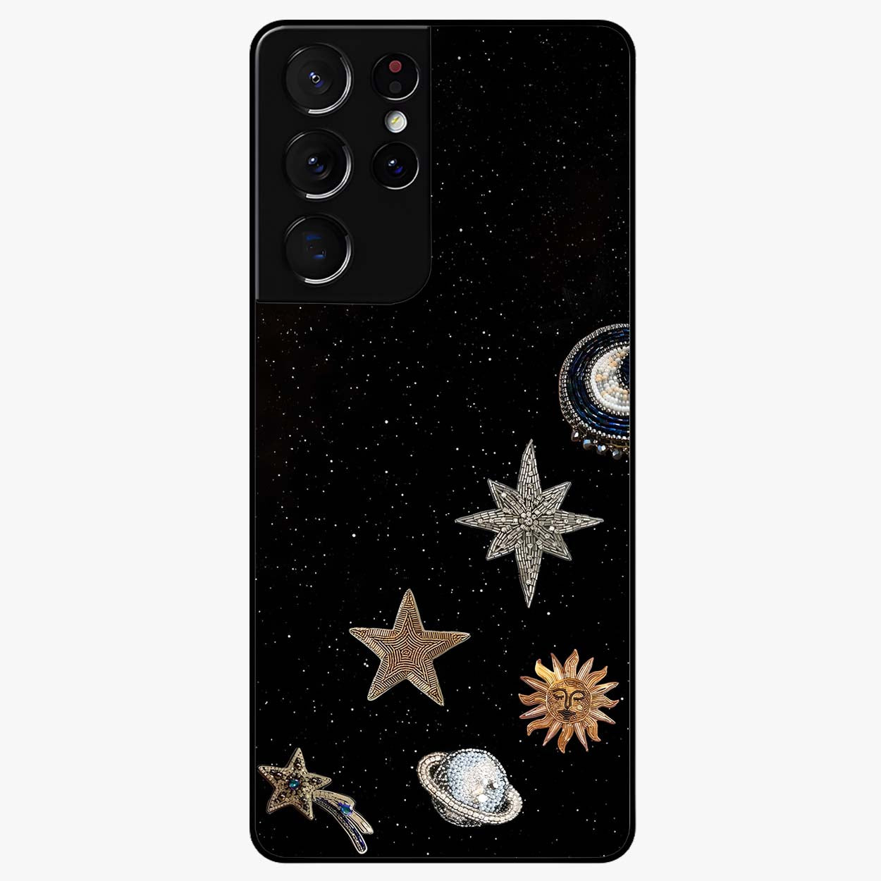 Galactic Charm Glow Glass Case showing flat back view with glowing celestial charm artwork and glossy glass finish.