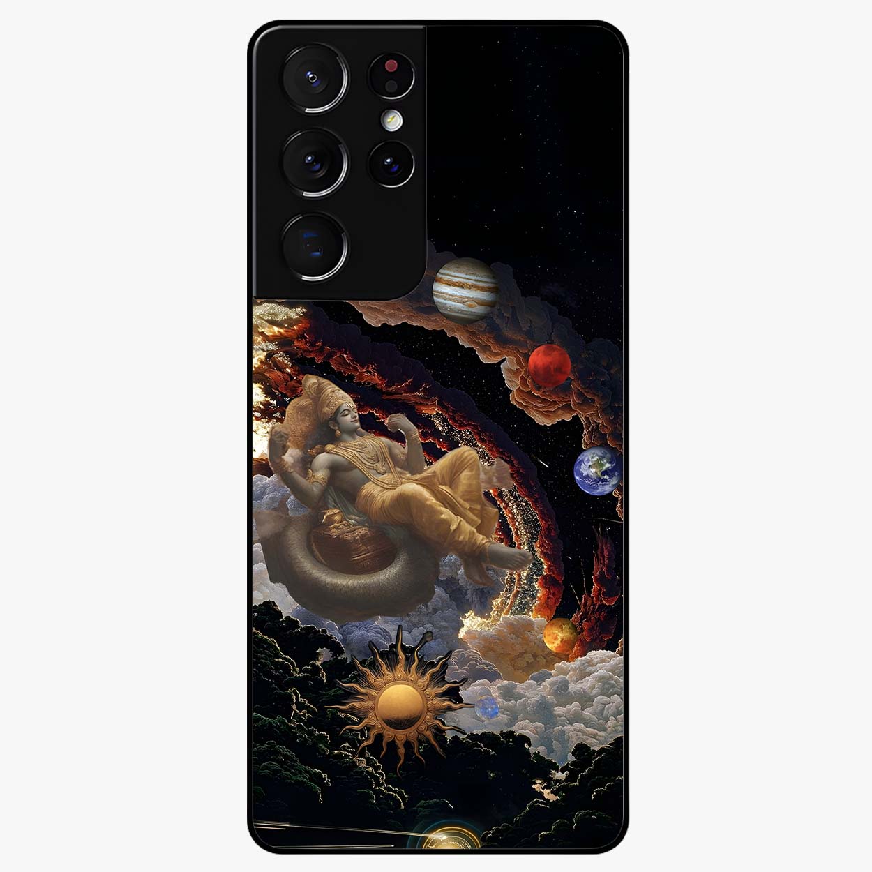 Galactic Divine God Glass Case showing flat back view with divine cosmic themed artwork and glossy glass finish.
