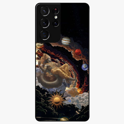Galactic Divine God Glass Case showing flat back view with divine cosmic themed artwork and glossy glass finish.