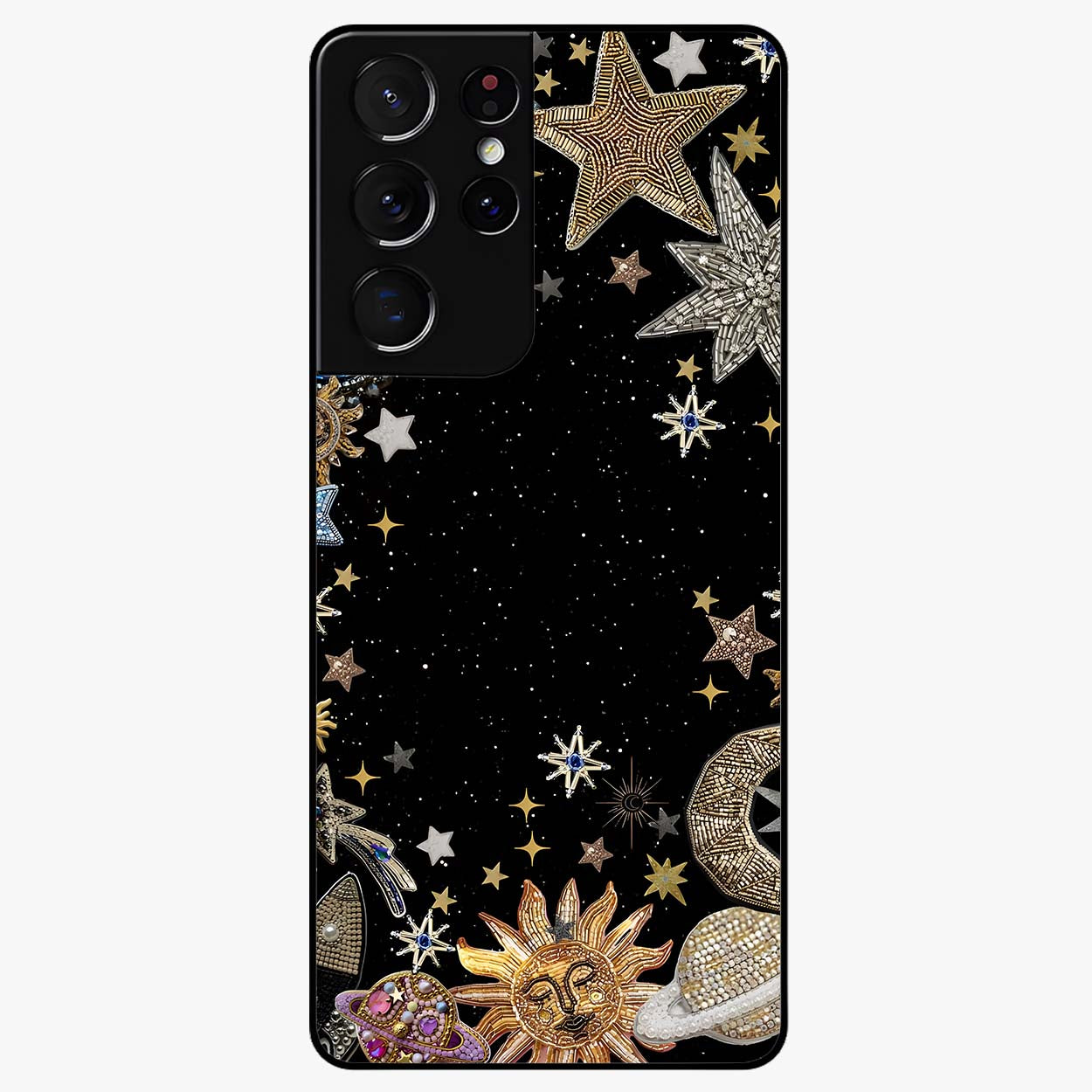 Galactic Jewel Stars Glass Case showing flat back view with sparkling star jewel artwork and glossy glass finish.