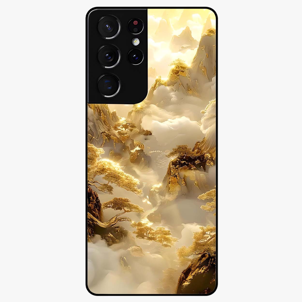 Gates Of Illumination Glass Case showing flat back view with mystical illuminated gate artwork and glossy glass finish.