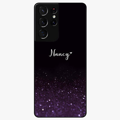 Glittery Purple Bokeh Custom Name Glass Case showing flat back view with purple bokeh sparkle artwork and personalized name design.