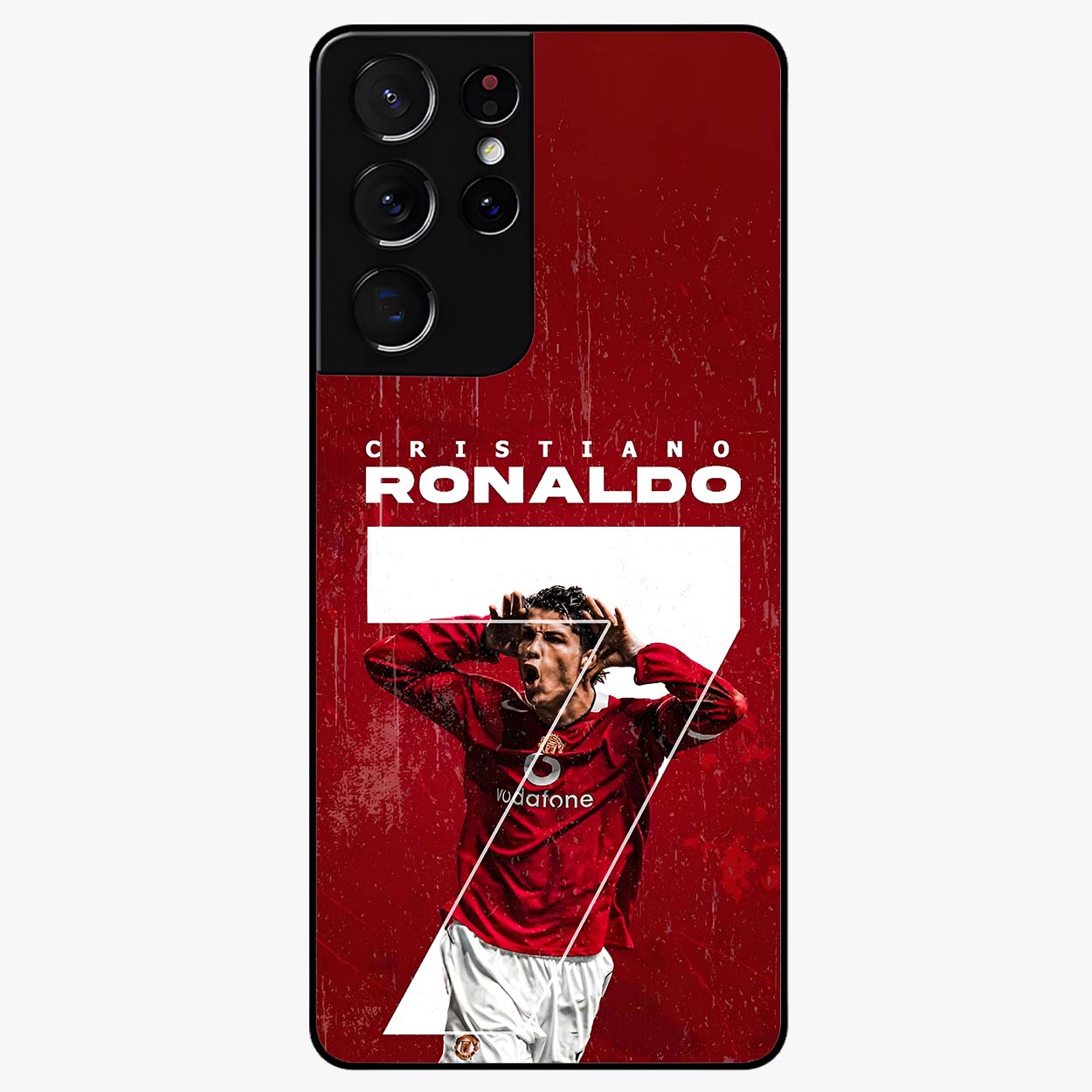 Goal Celebration Legacy Glass Case showing flat back view with football celebration inspired artwork and glossy glass finish.