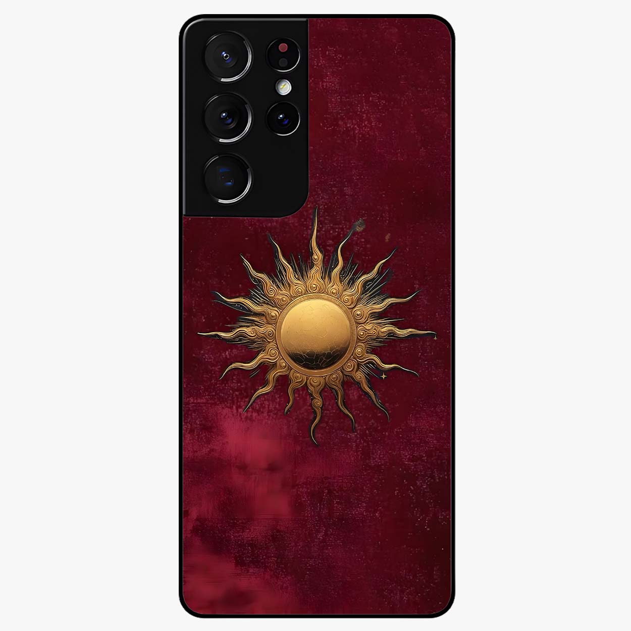 Gold Sun Blush Glass Case showing flat back view with golden sun inspired artwork and glossy glass finish.