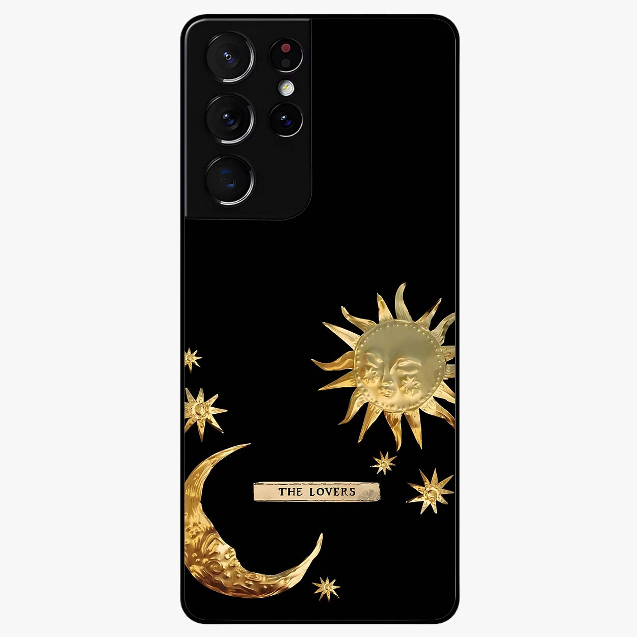 Golden Celestial Charm Glass Case showing flat back view with golden celestial charm artwork and glossy glass finish.