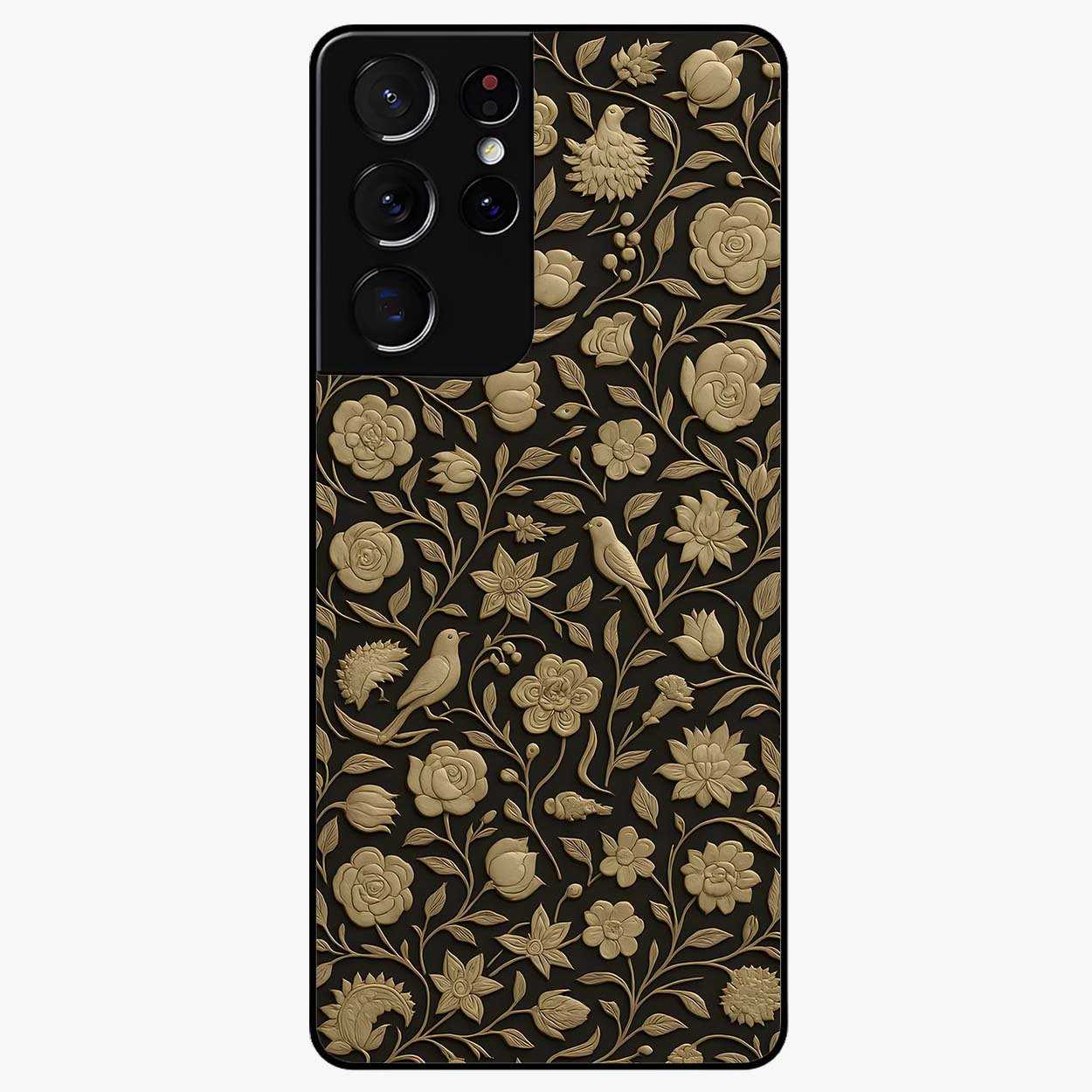Golden Floral Majesty Glass Case showing flat back view with luxurious golden floral artwork and glossy glass finish.