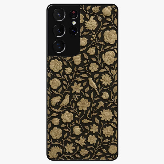 Golden Floral Majesty Glass Case showing flat back view with luxurious golden floral artwork and glossy glass finish.