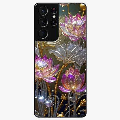 Golden Lotus Glow Glass Case showing flat back view with glowing lotus flower artwork and glossy glass finish.