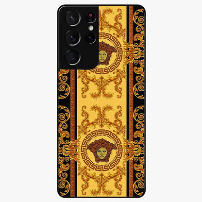 Golden Royal Heritage Glass Case showing flat back view with ornate royal pattern artwork and glossy glass finish.